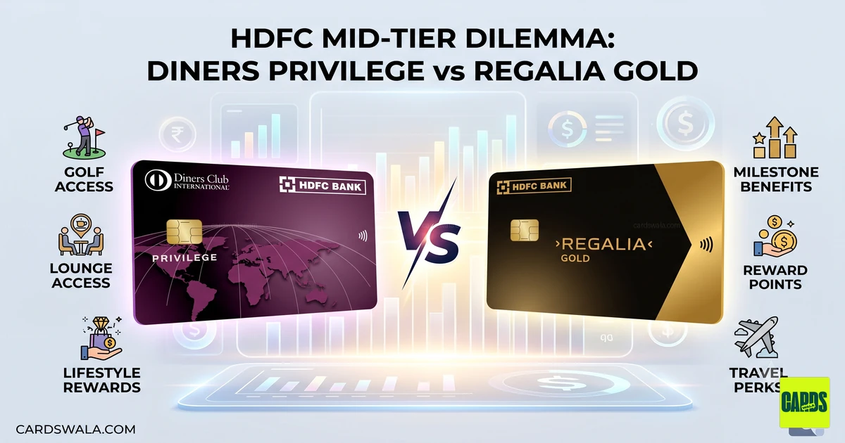 லவுஞ்ச், நெட்வொர்க் சின்னங்களுடன் HDFC Regalia Gold, Diners Privilege கார்டுகள் பக்கம் பக்கம்.