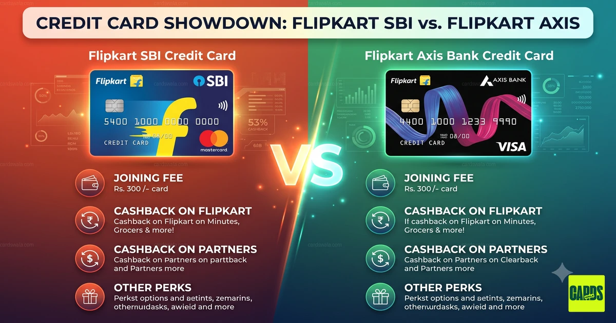 Flipkart SBI and Flipkart Axis bank credit cards facing each other with shopping cart and sale badge icons.
