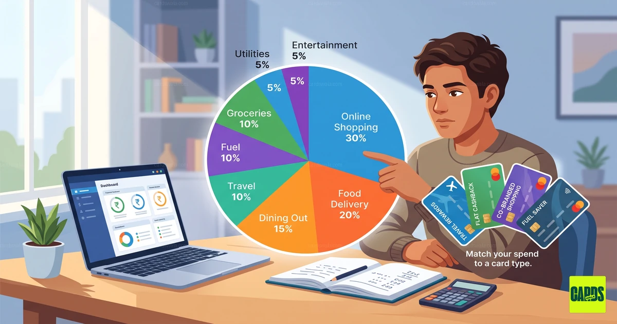 A person analyzing their monthly spending categories on a pie chart to choose the right credit card.