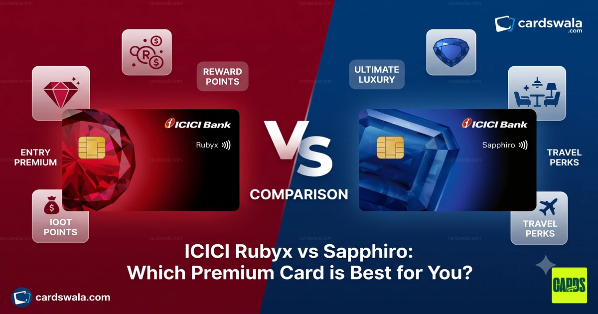 Two ICICI premium credit cards side by side on a dark background with lounge and airplane icons, illustrating the Rubyx versus Sapphiro comparison.