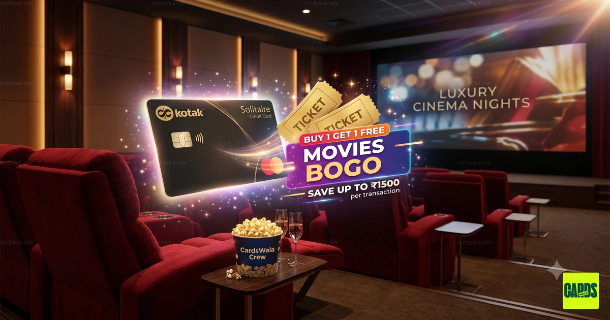 A luxury cinema theater with plush recliners next to a Kotak Solitaire Credit Card displaying a Buy One Get One movie ticket offer. A luxury cinema theater with plush recliners next to a Kotak Solitaire Credit Card displaying a Buy One Get One movie ticket offer.