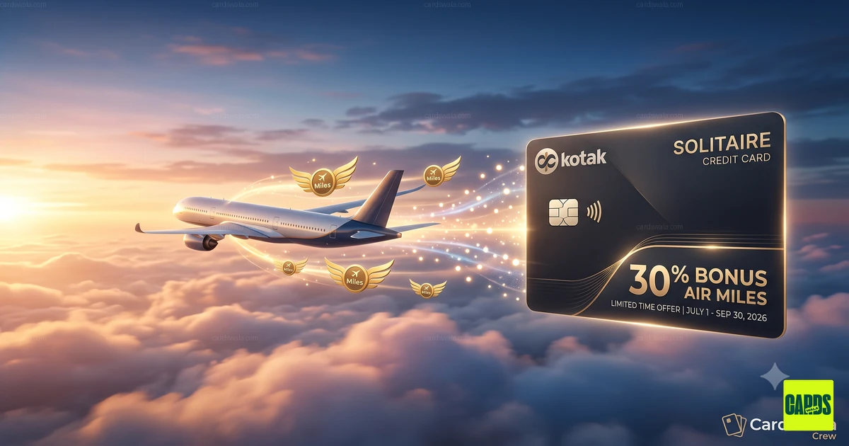 An airplane flying alongside a Kotak Solitaire Credit Card displaying a 30 percent bonus air miles offer. An airplane flying alongside a Kotak Solitaire Credit Card displaying a 30 percent bonus air miles offer.