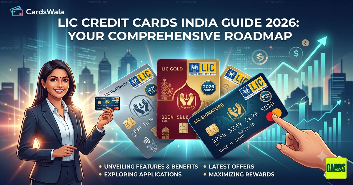 LIC co-branded credit card beside insurance policy document and premium receipt on an Indian office desk.