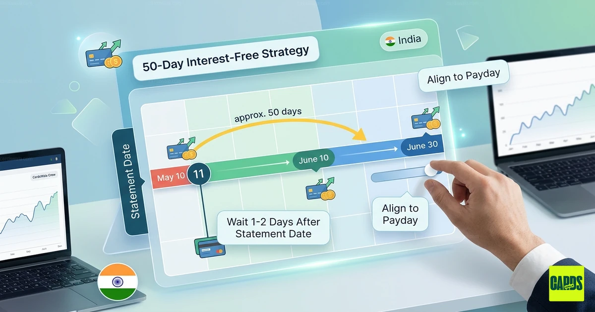 A calendar timeline illustrating the 50-day interest-free period and statement date hacks