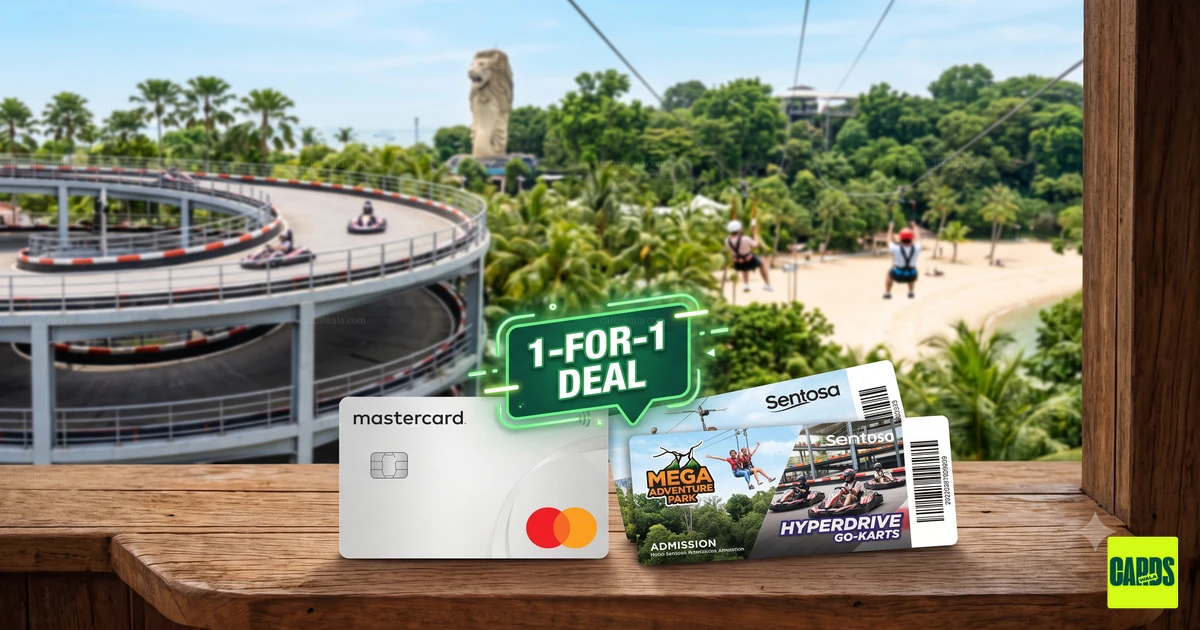 Mastercard ಕ್ರೆಡಿಟ್ ಕಾರ್ಡ್ ಜೊತೆಗೆ 1-ಫಾರ್-1 ಟಿಕೆಟ್ ಡೀಲ್ ಅನ್ನು ವಿವರಿಸುವ, ಎಲೆಕ್ಟ್ರಿಕ್ ಗೋ-ಕಾರ್ಟ್ ಟ್ರ್ಯಾಕ್ ಮತ್ತು ಜಿಪ್ಲೈನ್ ಒಳಗೊಂಡ Sentosa ದ್ವೀಪದ ಆಕರ್ಷಣೆಗಳು. Mastercard ಕ್ರೆಡಿಟ್ ಕಾರ್ಡ್ ಜೊತೆಗೆ 1-ಫಾರ್-1 ಟಿಕೆಟ್ ಡೀಲ್ ಅನ್ನು ವಿವರಿಸುವ, ಎಲೆಕ್ಟ್ರಿಕ್ ಗೋ-ಕಾರ್ಟ್ ಟ್ರ್ಯಾಕ್ ಮತ್ತು ಜಿಪ್ಲೈನ್ ಒಳಗೊಂಡ Sentosa ದ್ವೀಪದ ಆಕರ್ಷಣೆಗಳು.