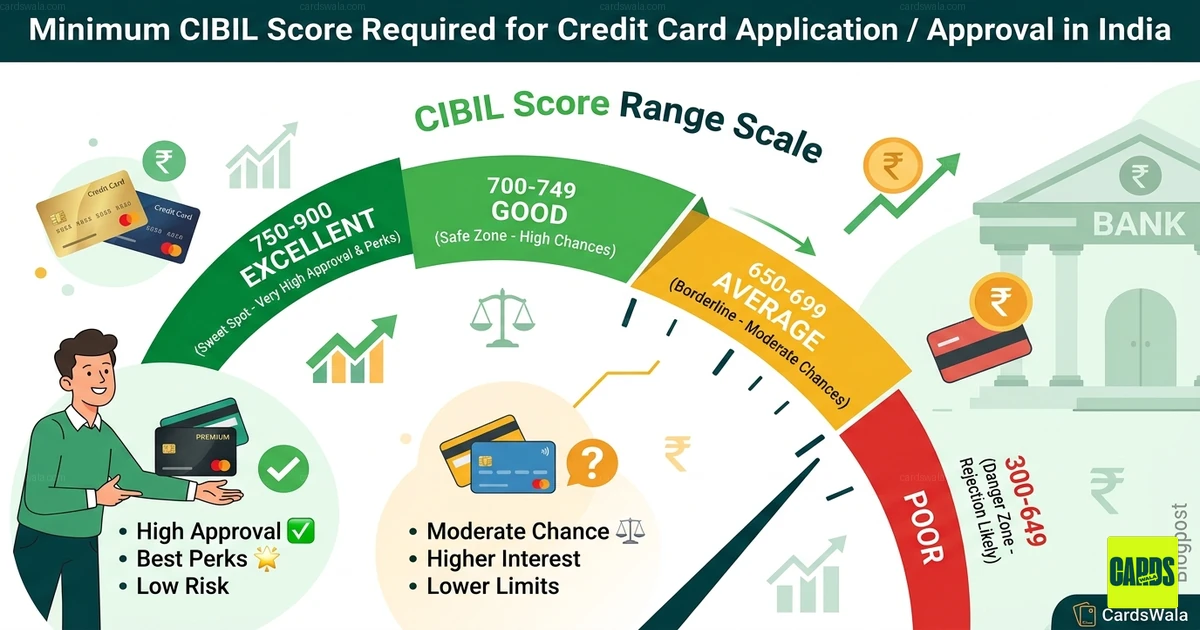 A visual scale showing CIBIL score ranges from poor to excellent for credit card approvals