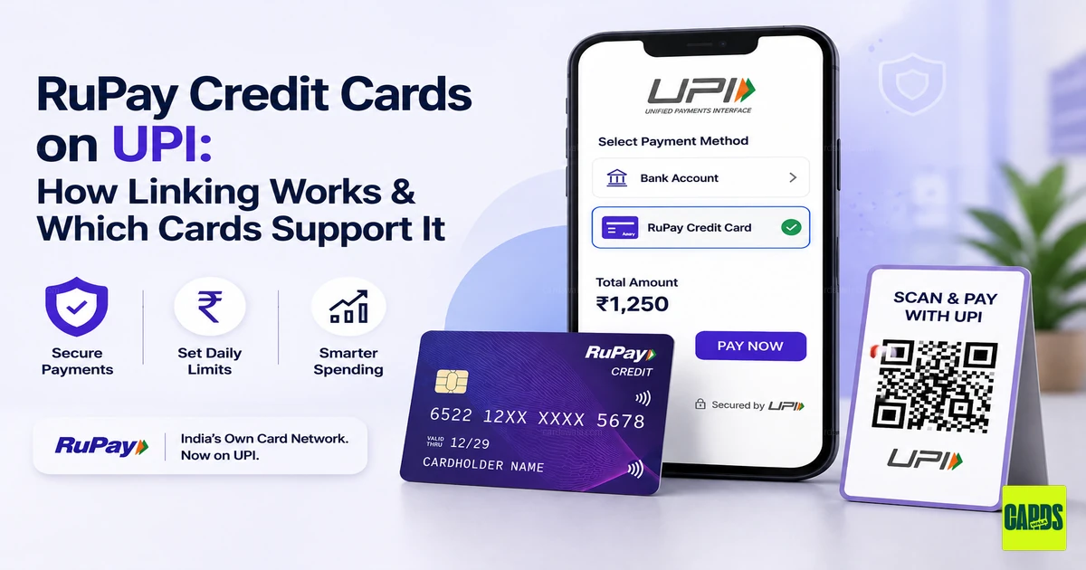 A RuPay credit card being scanned against a UPI QR code payment screen. A RuPay credit card being scanned against a UPI QR code payment screen.