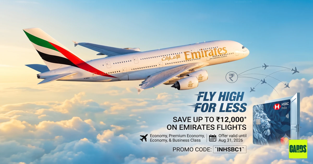 ಸ್ಪಷ್ಟ ಆಕಾಶದಲ್ಲಿ ಹಾರುತ್ತಿರುವ Emirates ವೈಡ್-ಬಾಡಿ ವಿಮಾನ, ಪ್ರೀಮಿಯಂ ಪ್ರಯಾಣ ಉಳಿತಾಯ ಪ್ರದರ್ಶಿಸುವ HSBC ಕ್ರೆಡಿಟ್ ಕಾರ್ಡ್ ದೃಶ್ಯ ಅಂಶಗಳೊಂದಿಗೆ. ಸ್ಪಷ್ಟ ಆಕಾಶದಲ್ಲಿ ಹಾರುತ್ತಿರುವ Emirates ವೈಡ್-ಬಾಡಿ ವಿಮಾನ, ಪ್ರೀಮಿಯಂ ಪ್ರಯಾಣ ಉಳಿತಾಯ ಪ್ರದರ್ಶಿಸುವ HSBC ಕ್ರೆಡಿಟ್ ಕಾರ್ಡ್ ದೃಶ್ಯ ಅಂಶಗಳೊಂದಿಗೆ.