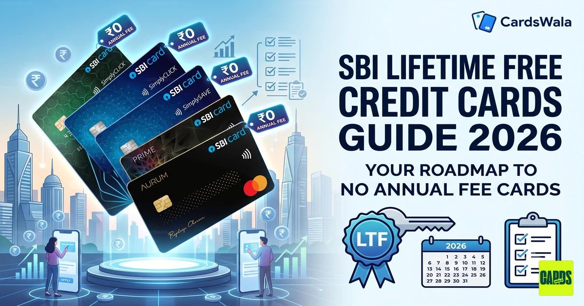 SBI credit cards fanned out with a zero-fee badge and checklist showing lifetime free versus waiver-based cards.