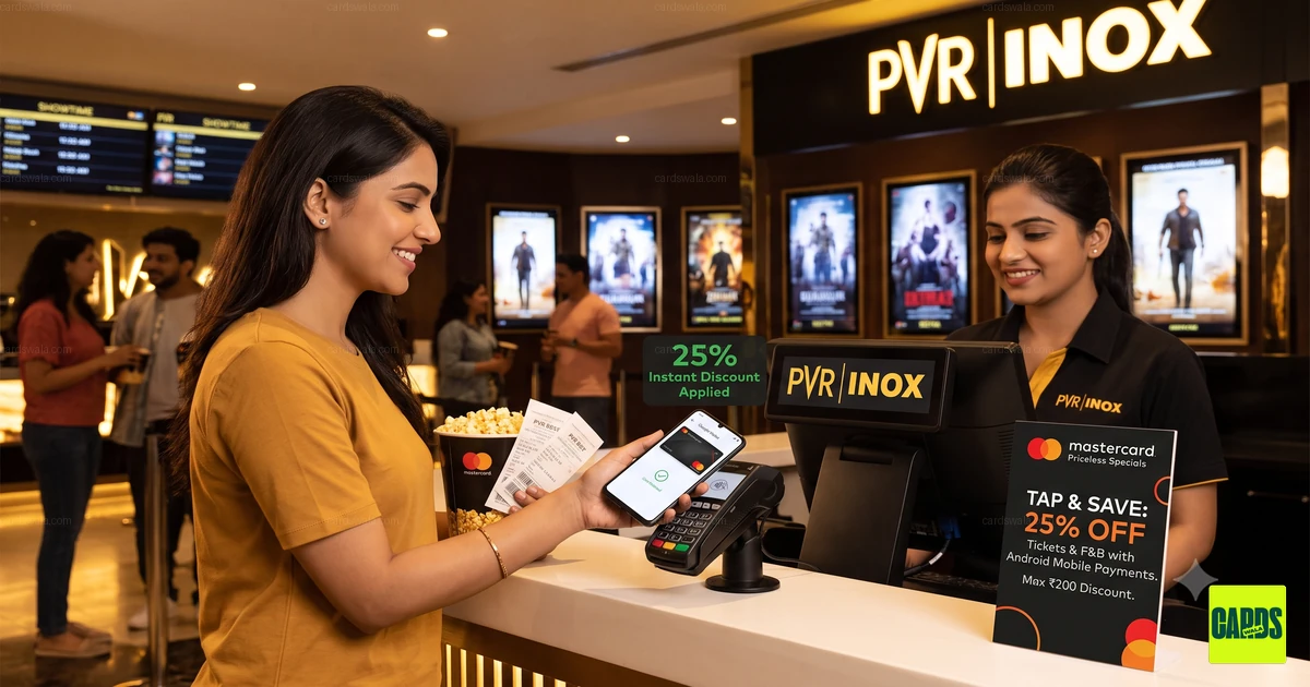 ಸಿನಿಮಾ ಕೌಂಟರ್ನಲ್ಲಿ NFC-ಸಕ್ರಿಯ ಆಂಡ್ರಾಯ್ಡ್ ಫೋನ್ ಬಳಸಿ ಕಾಂಟ್ಯಾಕ್ಟ್ಲೆಸ್ ಪಾವತಿ ಮಾಡುತ್ತಿರುವ ಸಿನಿಮಾ ವೀಕ್ಷಕರ ದೃಶ್ಯ ಪ್ರಾತಿನಿಧ್ಯ, Mastercard ಮತ್ತು PVR INOX ಲೋಗೋಗಳೊಂದಿಗೆ. ಸಿನಿಮಾ ಕೌಂಟರ್ನಲ್ಲಿ NFC-ಸಕ್ರಿಯ ಆಂಡ್ರಾಯ್ಡ್ ಫೋನ್ ಬಳಸಿ ಕಾಂಟ್ಯಾಕ್ಟ್ಲೆಸ್ ಪಾವತಿ ಮಾಡುತ್ತಿರುವ ಸಿನಿಮಾ ವೀಕ್ಷಕರ ದೃಶ್ಯ ಪ್ರಾತಿನಿಧ್ಯ, Mastercard ಮತ್ತು PVR INOX ಲೋಗೋಗಳೊಂದಿಗೆ.