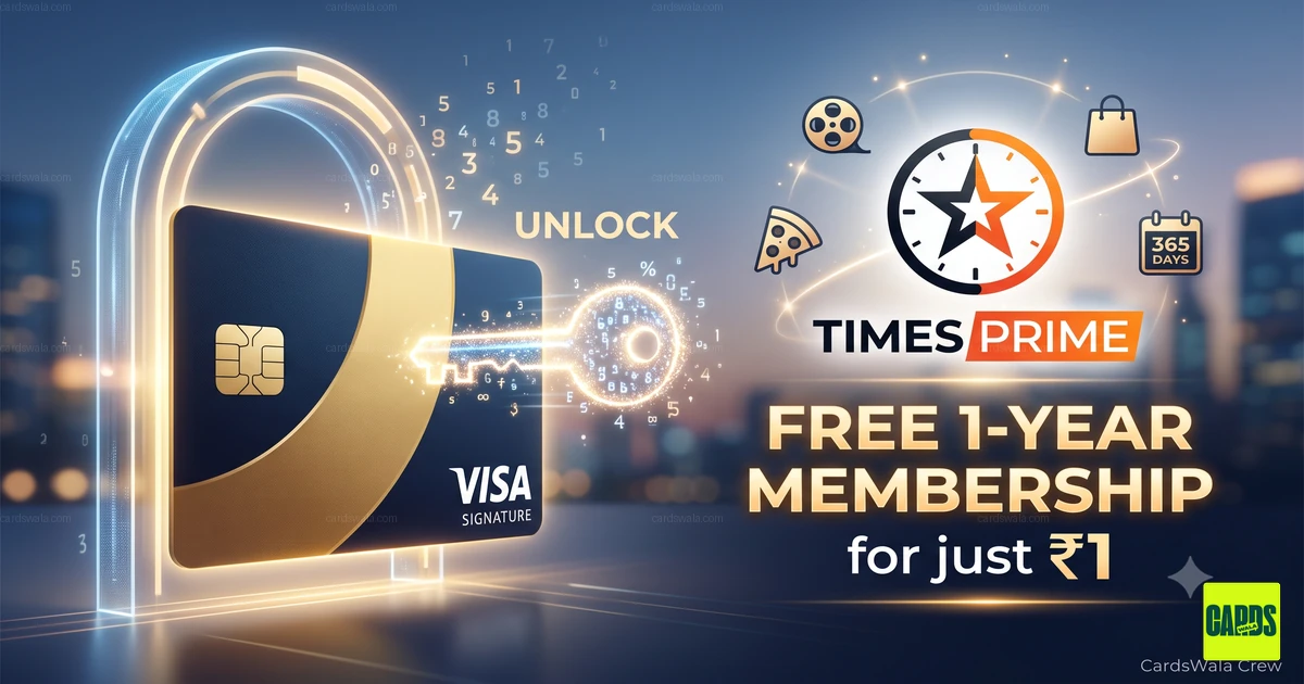 A Visa Signature credit card displayed alongside the Times Prime logo showcasing a free 1-year membership offer. A Visa Signature credit card displayed alongside the Times Prime logo showcasing a free 1-year membership offer.